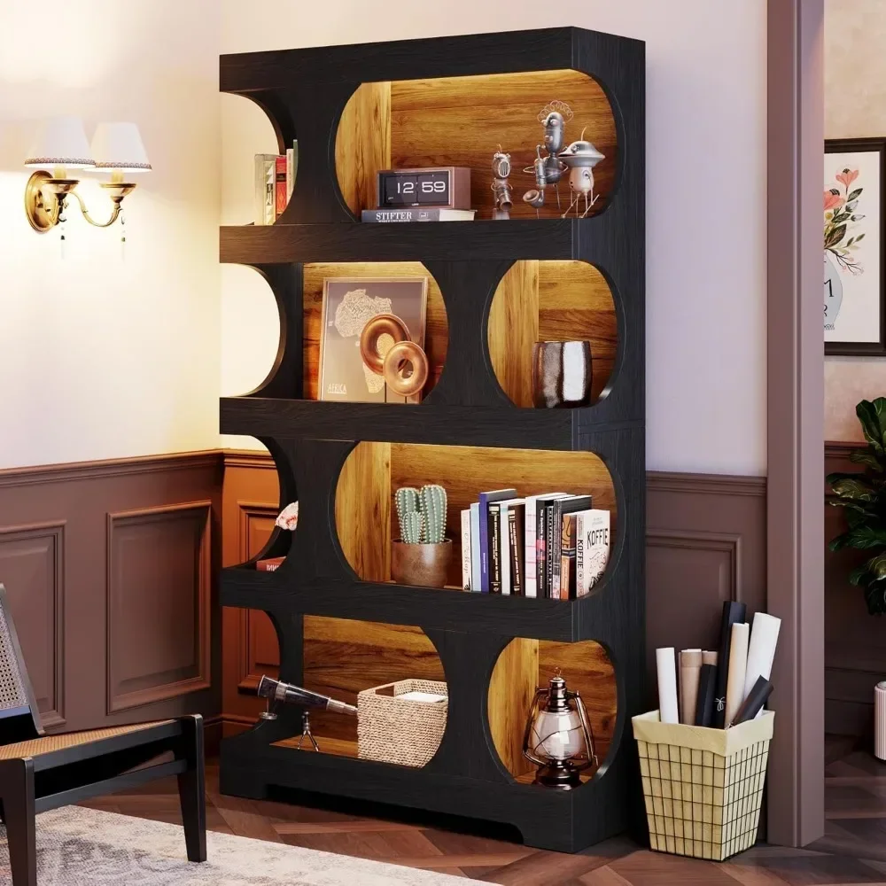 71" Tall Bookcase，4-Tier S-Shaped Bookshelf, Wood Decorative Storage Shelving, Modern Freestanding Display Shelves