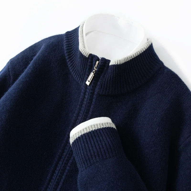 Merino Wool Warm Sweater Mock Collar Thickened Zippered Cardigan Autumn Winter New Cashmere Knitted Montage Tops