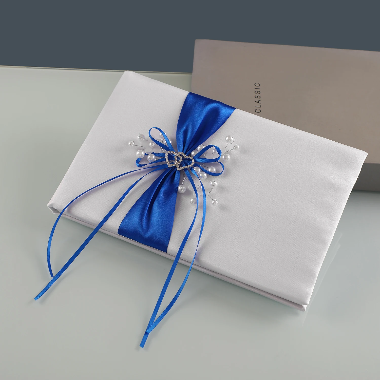 Double Heart Bride Sign-in Book Wedding Party Guest Register with Royal Blue Bow Elegant Wedding Souvenir
