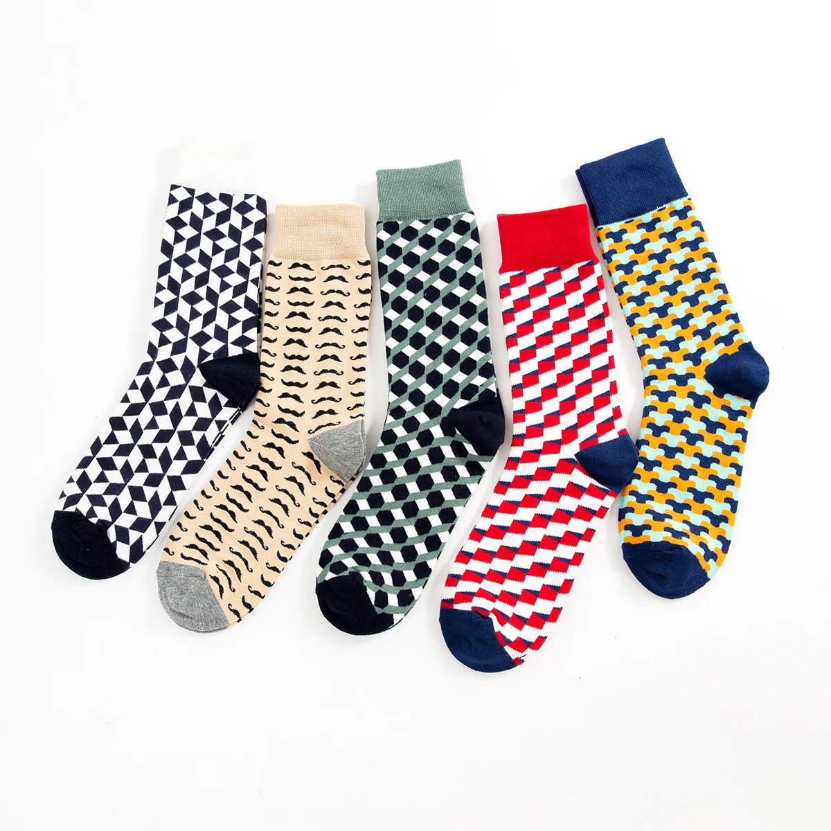 5 Pairs Fashion Colorful Men Combed Cotton Funny Socks Diamond Pattern Argyle Three-dimensional Tube Geometric Casual Men Socks