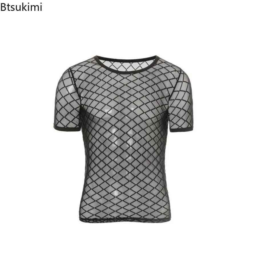 

New Men's Short Sleeve Mesh T Shirts Transparent Sexy Fishnet O Neck Undershirts Party Nightclub Hollow Out See-through Tops Man