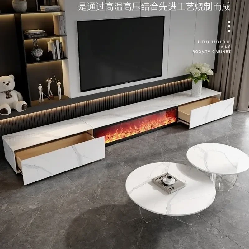 Light Luxury Rock Panel TV Cabinet Simple Modern Living Room Simulated Flame Fireplace Integrated Solid Wood Floor Console 3D