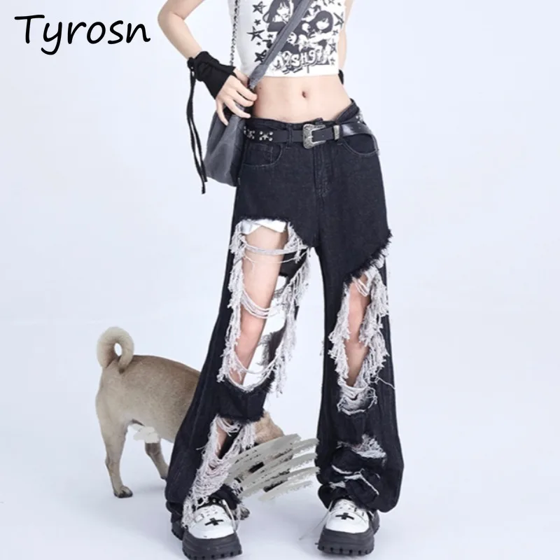 

Ripped Jeans Women Loose Straight Retro Casual Wide Leg Trousers Zipper Streetwear High Waist Cool Girls Chic American Trendy