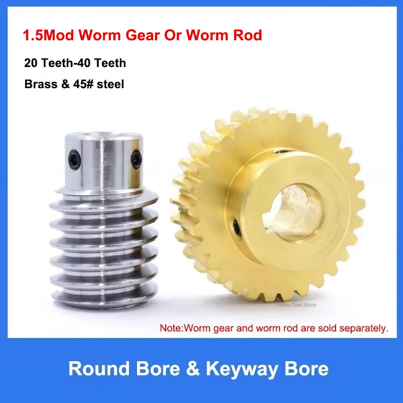 1Pcs 1.5M 20T-40T Brass Worm Gear Wheel Or 45# Steel Worm Rod 1.5 Modulus 20/25/30/40 Teeth Worm Gear Round Bore & Keyway Bore