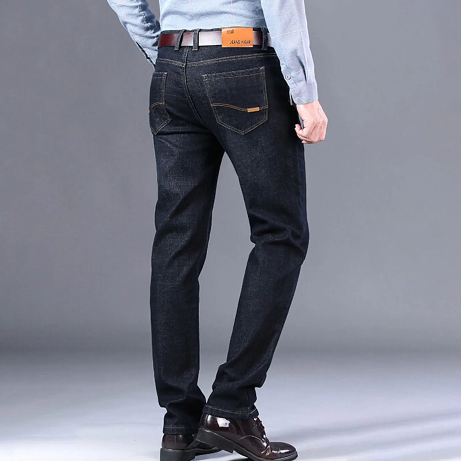 2024 Stretch Man Solid Color Jeans Autumn Winter Fleece Warm Casual High Quality Straight Denim Pants Trousers Male