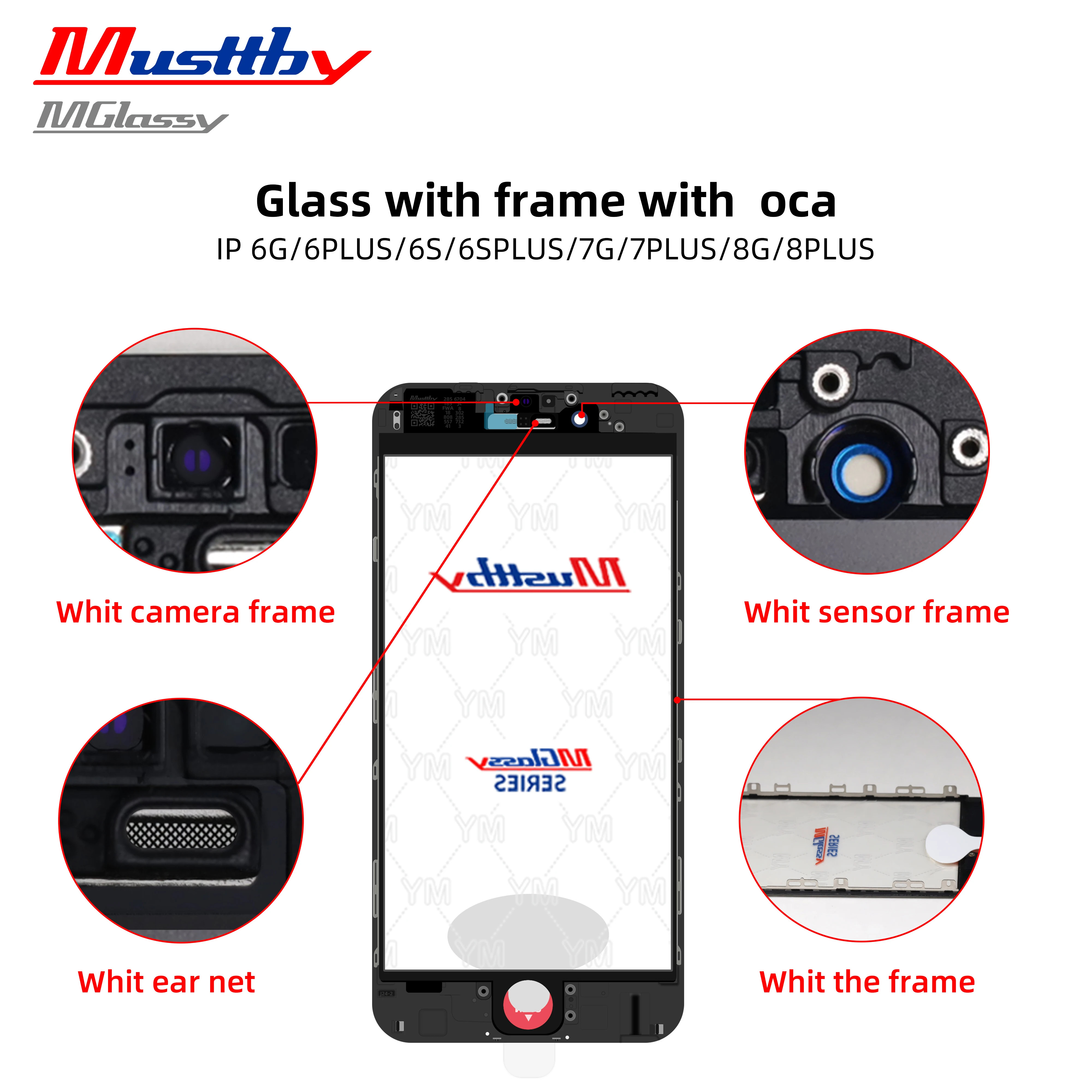 Musttby 6pcs 1:1 Similar OEM Outer Glass+Frame Bezel+OCA Polarizer Film For iPhone 8 7 6 6s Plus 7P 8P LCD Screen Glass Repair