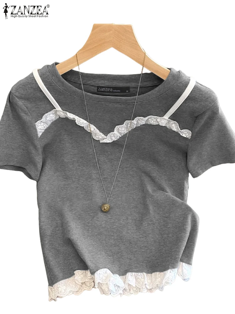 

Lace Patchwork Blouses Women Tops Casual Short Sleeve Blusas Tunic ZANZEA 2025 Summer Oversized Vintage Pullover Fake 2PCS