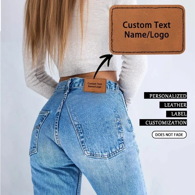 Custom Logo Jeans PU Leather Label Ladies Material Repair Sewing Rectangle Fabric Sticker High Quality Diy Accessories 24pcs