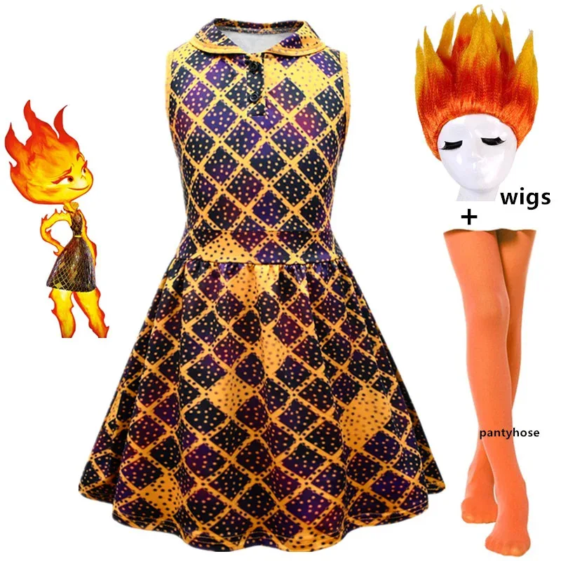 2025 ♥ New Halloween Elemental Costume Girls Ember Fire Cosplay Princess Dress wig Cartoon Crazy City Game Clothing for Kids ☆★