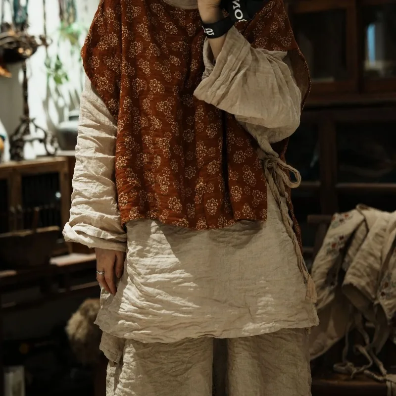 Women Original Design Imported Linen Fabric Vintage Printed Vests Coats Loose Chinese Style Sleeveless 2026 Autumn Female Vests