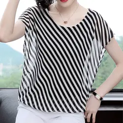 Fashion O-Neck All-match Batwing Sleeve Striped Blouse Women's Clothing 2023 Summer New Casual Pullovers Korean Chiffon Shirt