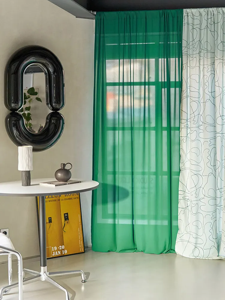 Ins Green Chiffon Window Curtain Solid Color Transparent Float Window Partition Window Screen Non Perforated Decoration