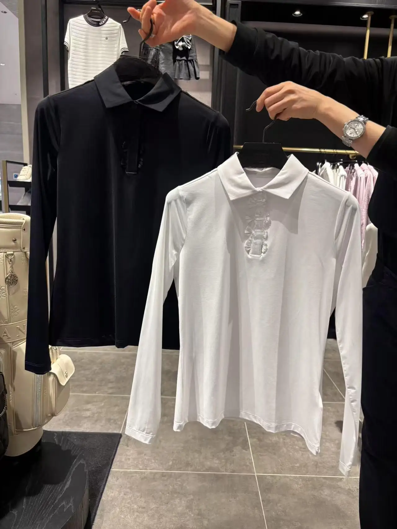 Women Autumn Golf Ice Silk Long Sleeve Top Ruffle Decor Collar Slim Breathable Golf Polo Shirt