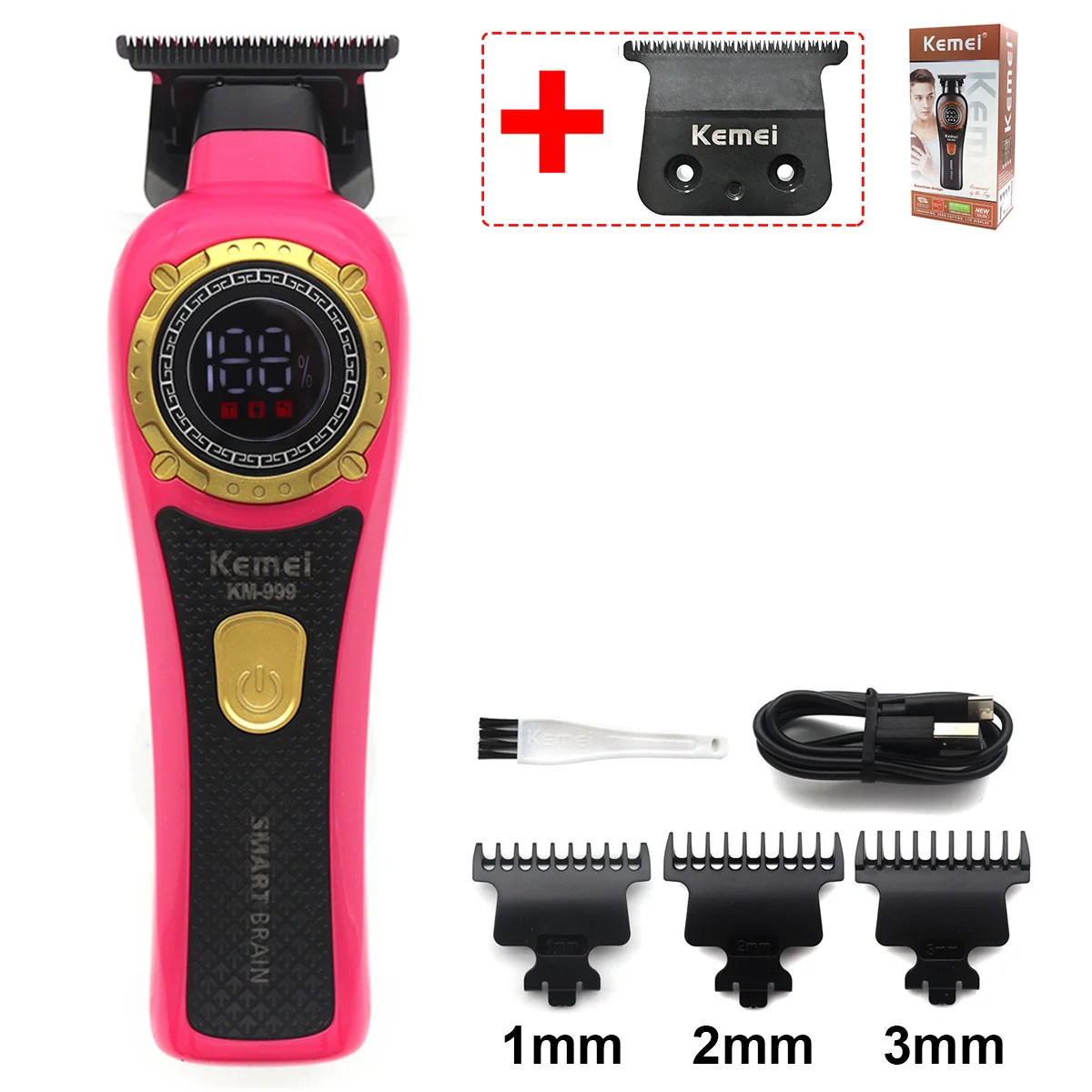 Kemei KM-999 Haarschneider für Männer, DLC T-Blade Zero Gapped LED-Anzeige, kabellose USB-Profi-Haarschneidemaschine, Finishing-Maschine