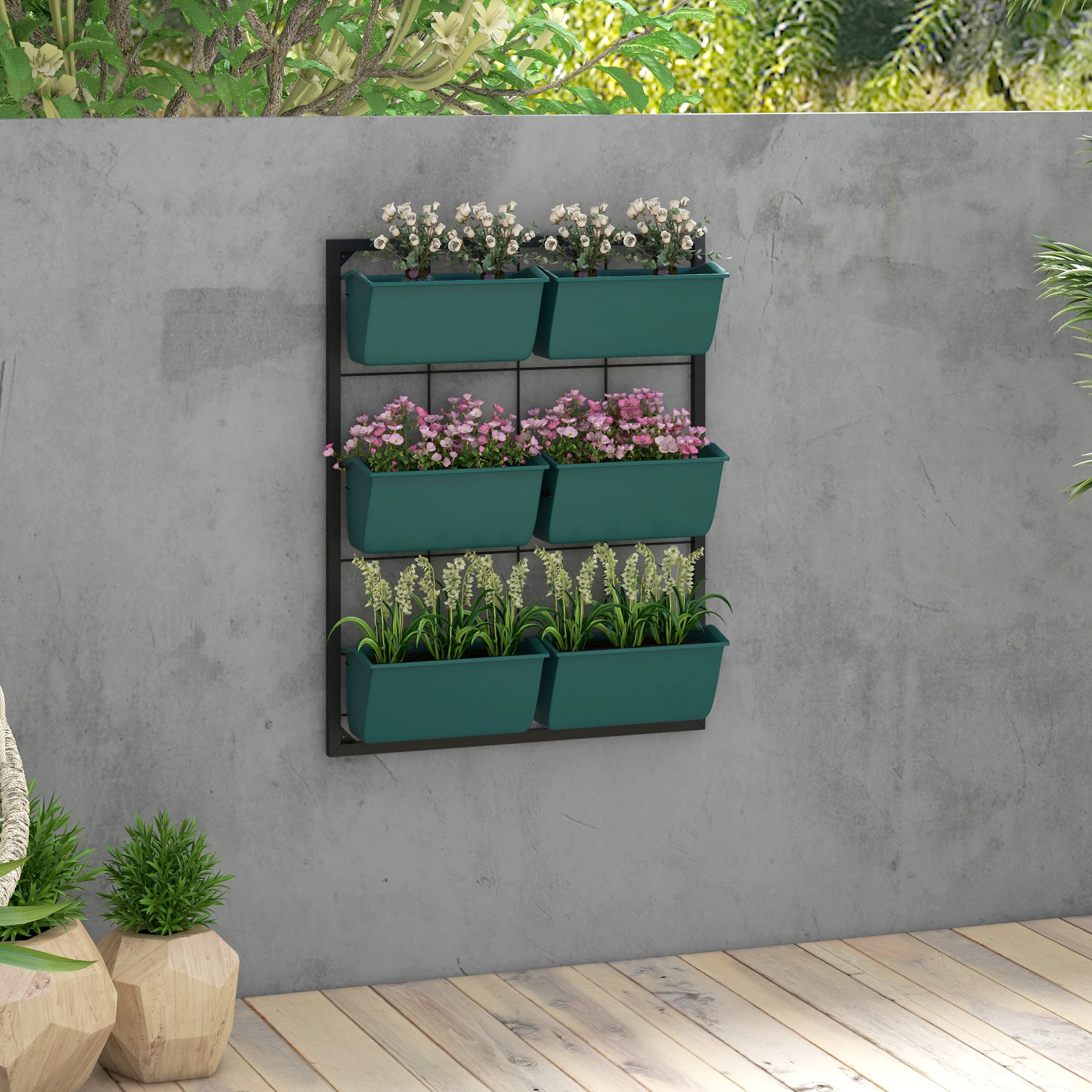 Outsunny 3-Tier Wall Planter with 6 Pots for Indoor and Outdoor Use, Hanging Plant Holder, Self Draining Wall Mounted Planter fo