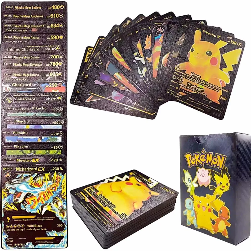 New Pokemon Cards Metal Gold Silver Vmax GX Card Box Charizard Pikachu Rare Collection Battle Trainer Card Children Toys Gift V