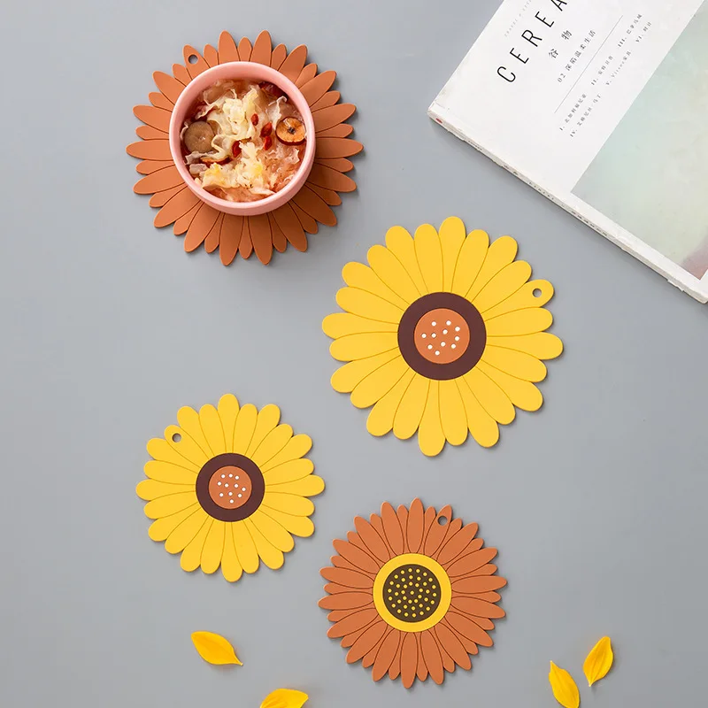 Sunflower Tableware Insulation Pad,Cute Japanese Cherry Blossom PVC Pot Bowl Plate Mat,Waterproof and Oil Resistant,Easy Clean