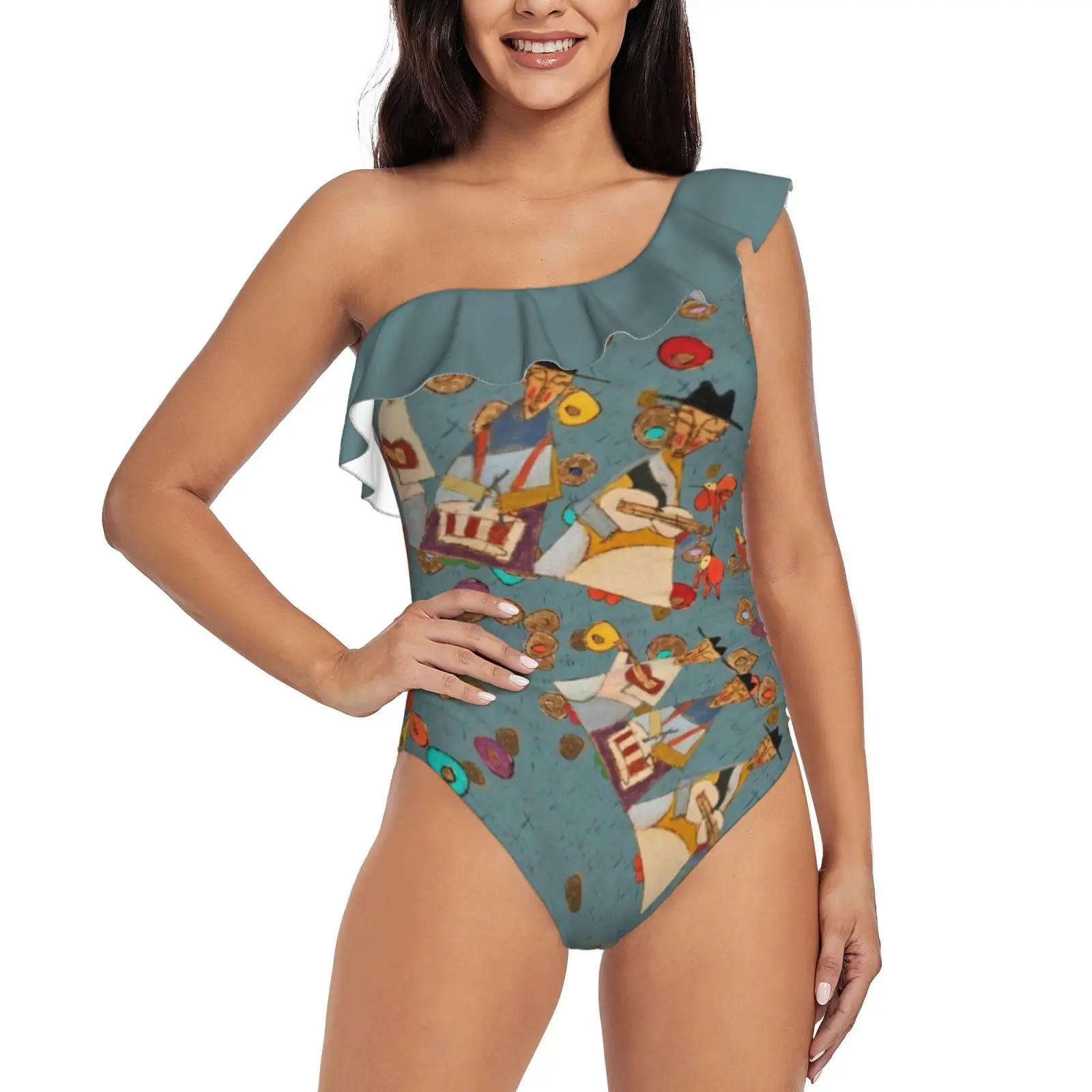 

Revolution Of Joy : Musical Monks One Shoulder Ruffle Swimsuit One-Piece Beach Bathing Suit Print Sexy Women Swimsuit