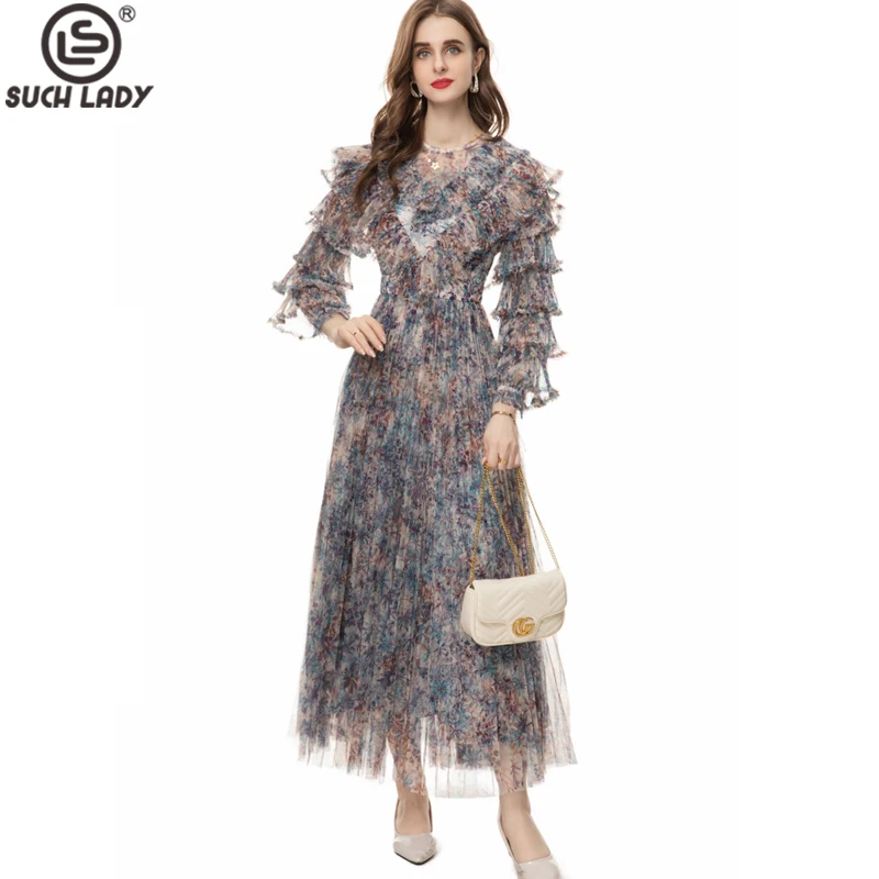 

Women's Runway Dresses O Neck Long Sleeves Printed Tiered Ruffles Pleated Floral Fashion Maxi Vestidos