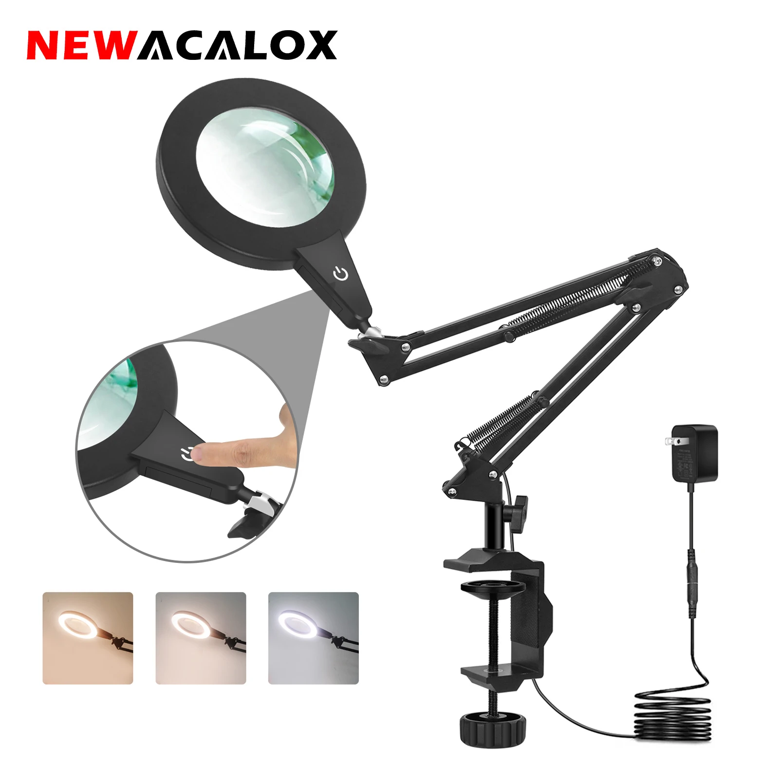 NEWACALOX 5X Glass Magnifier Touch Control Lighting 108 SMD LED Desk Lamp 3 Lighting Modes Welding Magnifying Glass For Repair