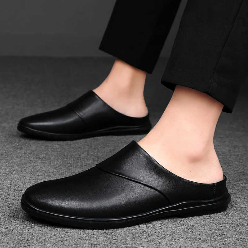 Summer Mules Men Backless Casual Shoes Loafers Luxury Designer Slip On Flats Leather Outdoor Half Slippers Man Slides Sandal