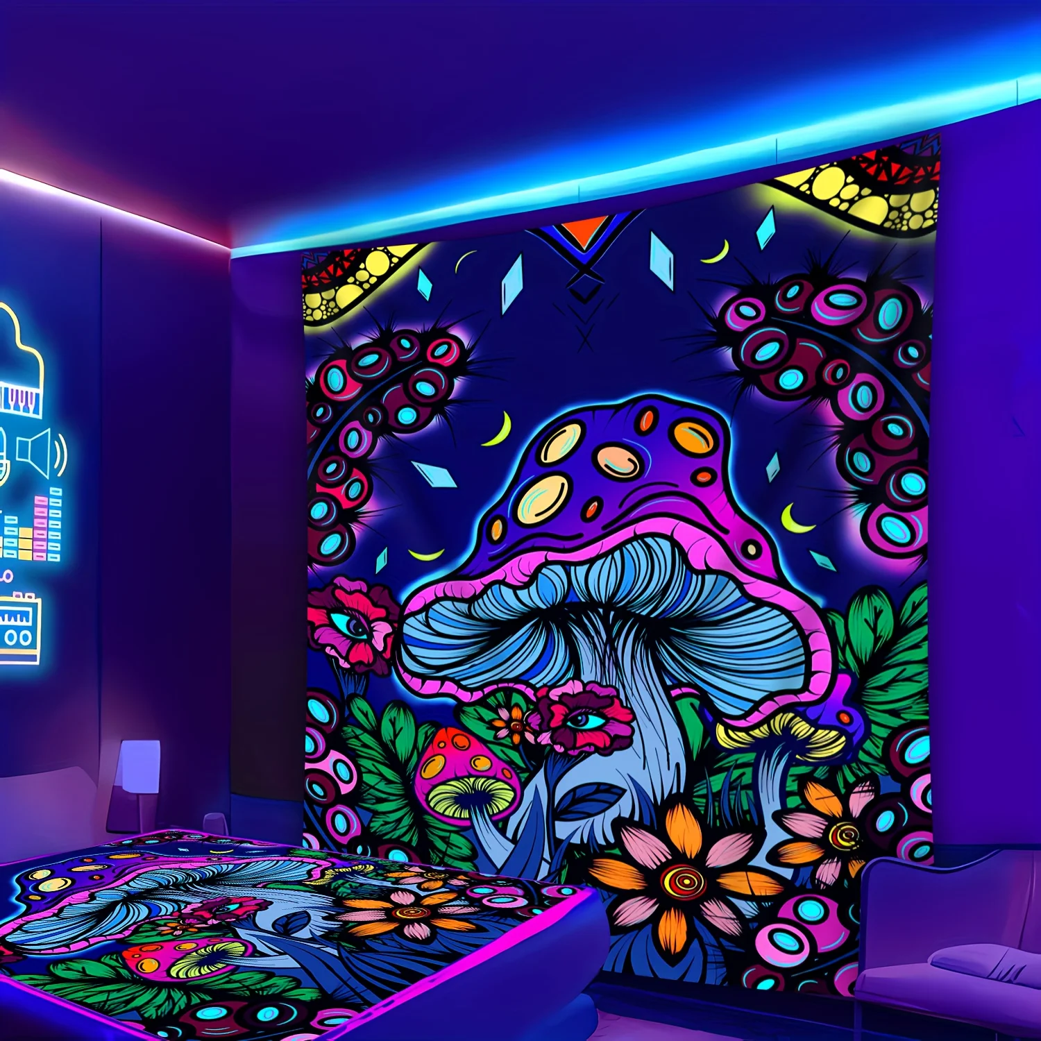 VIKAMA Neon-Pilz-Wandteppich, psychedelisches, farbenfrohes Pflanzendesign, Wandbehang für Schlafzimmer, Wohnzimmer, Dekoration