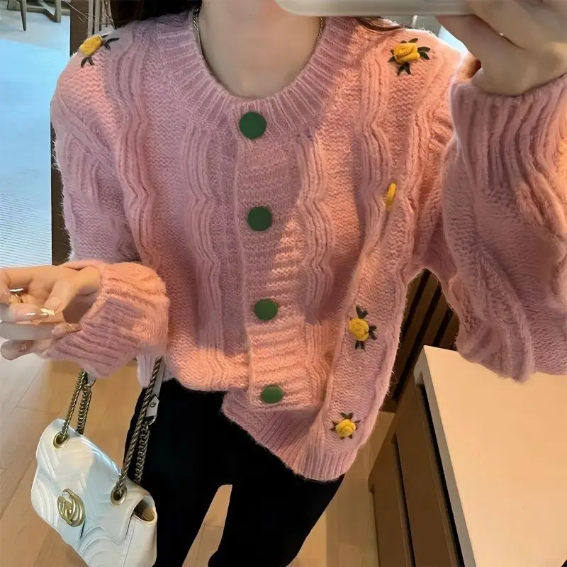 Autumn Winter Women\'s Trendy 3D Flower Vintage Chic Single Breasted Knitted Cardigan Sweet O Neck Long Sleeve Loose Sweater Coat