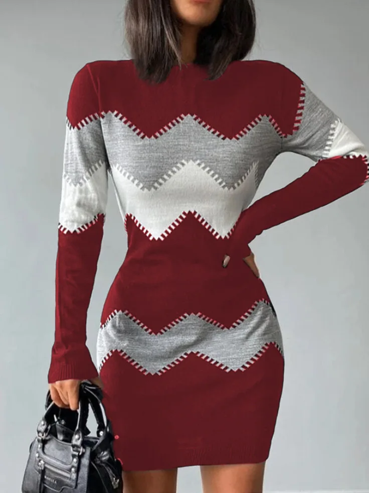 Autumn Winter Women Fashion Print Slim Dress 2024 Female Long-sleeve O-neck Elegant Bodycon Package Hips Mini Dresses Vestidos