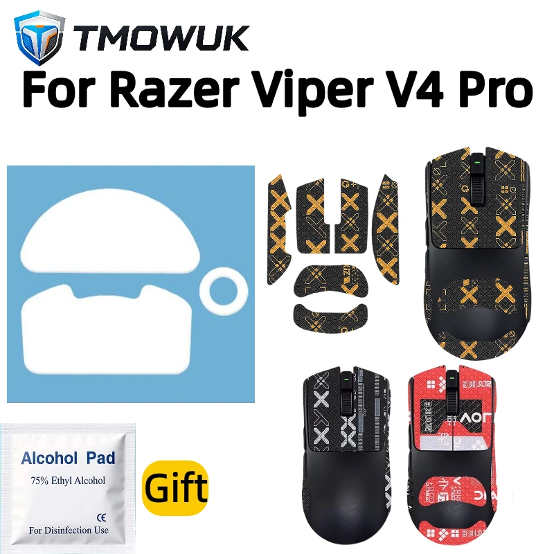 Mouse Grip Tape+PTFE Mouse Skates Combo For Razer Viper V4 Pro,Sweat Resistant Anti Slip Sticker with Alcohol Cleaning Pad Gift