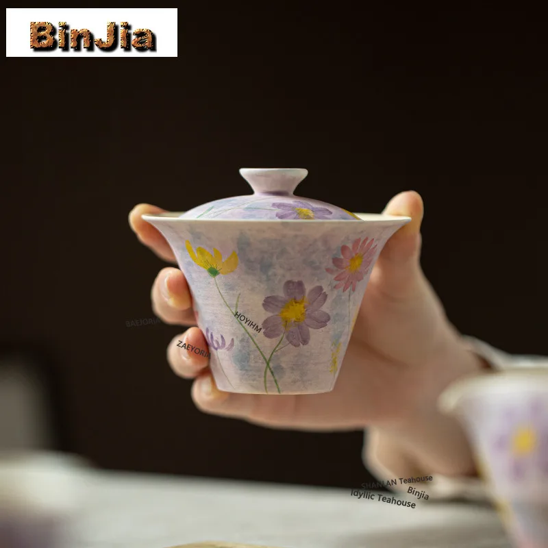 BAEJORIA 135ML Pure Hand-painted Gesang Flower Gaiwan Aesthetic Powder Yin Oil Painting Violet Tea Tureen Tea Brewing Cover Bowl