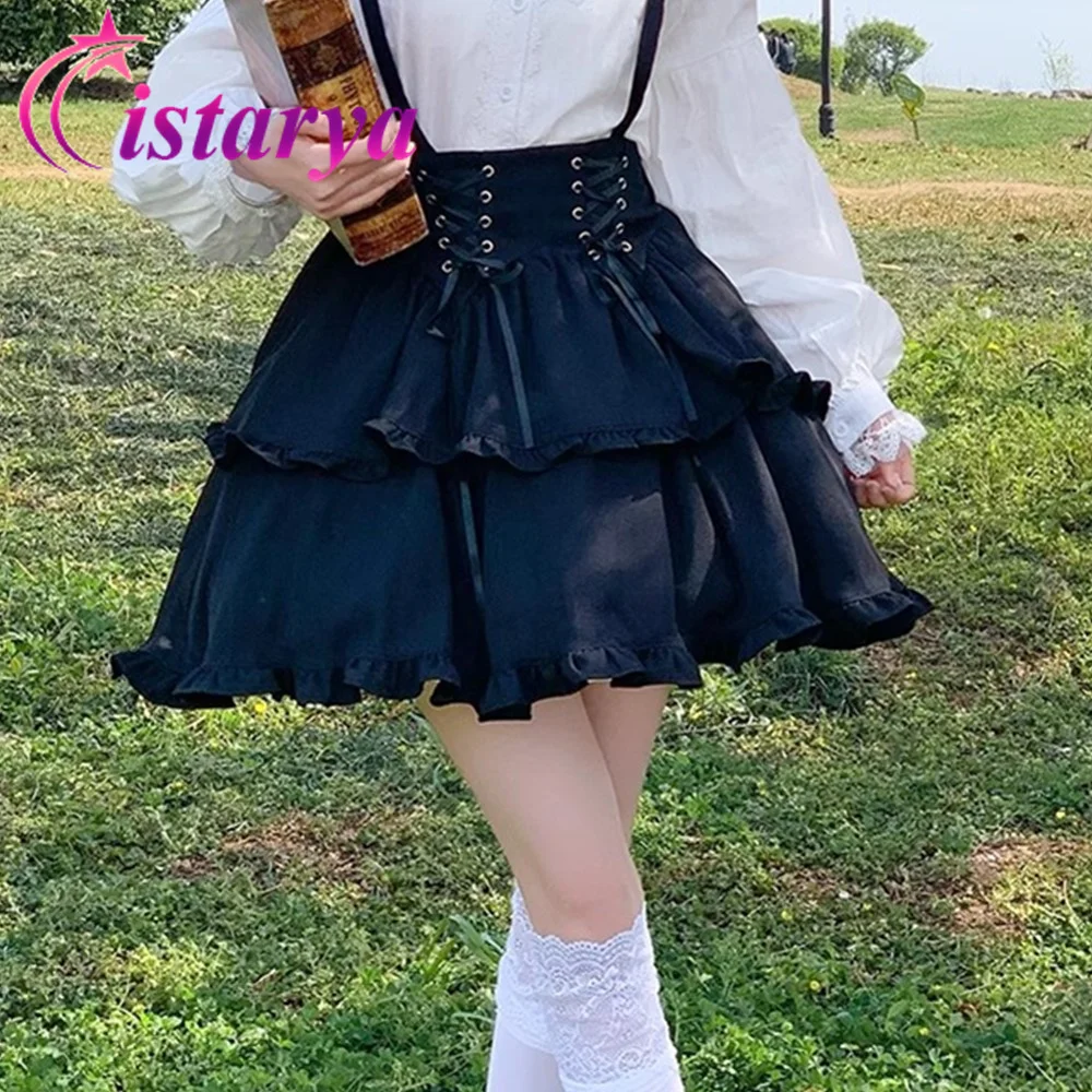 고딕 로리타 레트로 JK 프릴 서스펜더 케이크 레이어 스커트 Y2k 일본 소녀 스위트 카와이 레이스 업 볼 가운 투투 미니 스커트