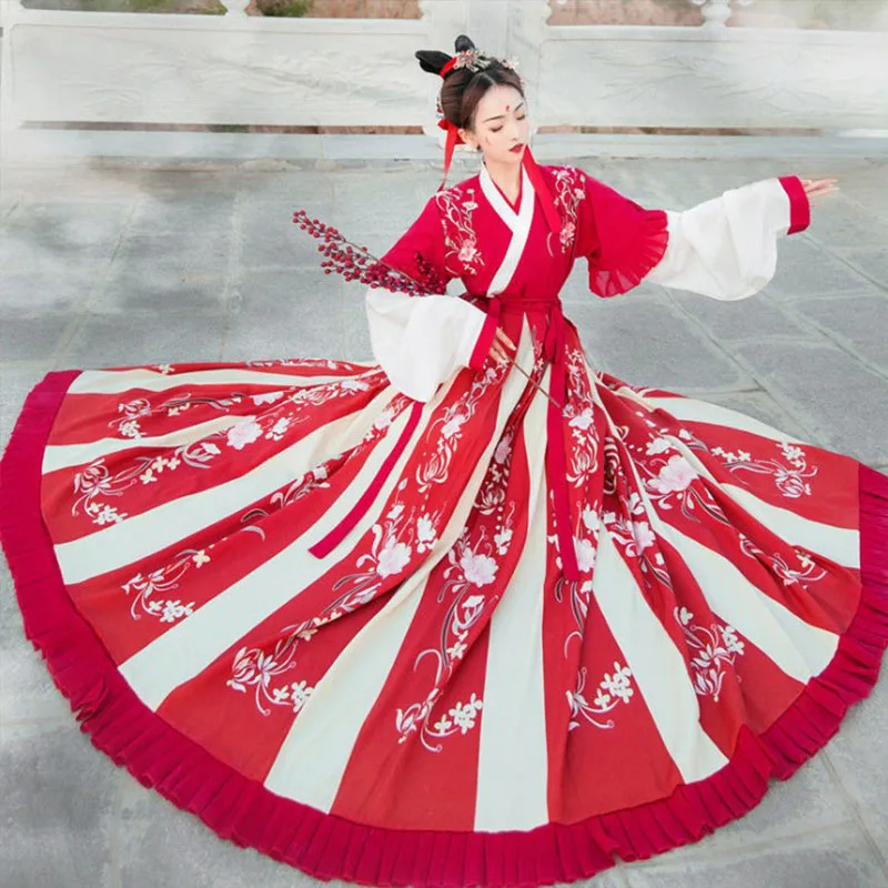 

Hanfu Modern Chinese Style Clothing Women Oriental Asian Ancient Costume Weijin Dynasty Clothes Daily Cosplay Dress Blue Red