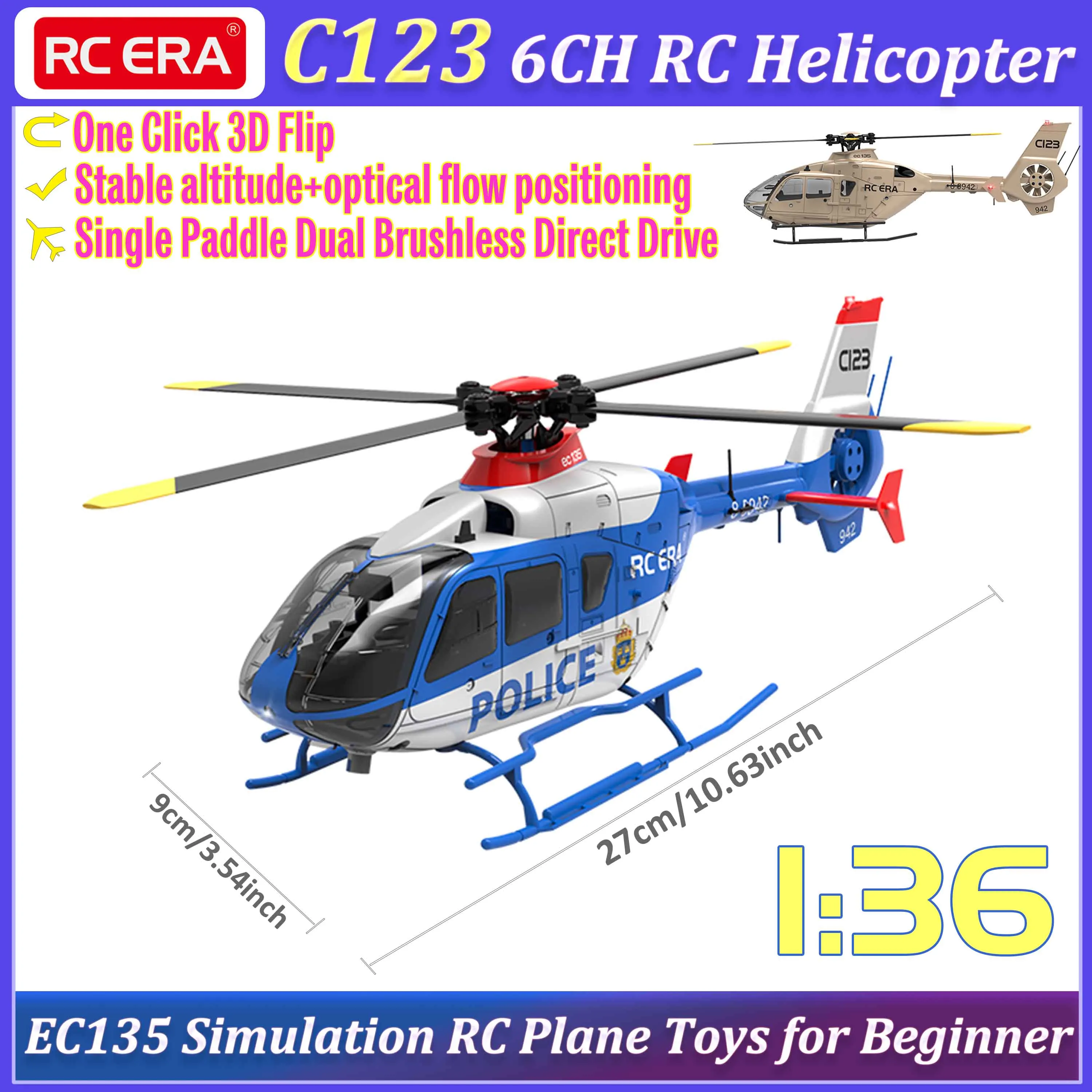 RC ERA C123 RC Helicopter 6CH 6-axis Gyroscope Double Brushless Direct Drive Single Paddle Aileron Free EC135 Helicopter RC Toys