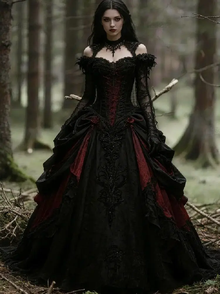Teuflisches Gotisches Rot-Schwarzes Hochzeitskleid Dunkelromantisches Schulterfreies Viktorianisches Mittelalterliches Brautkleid Sexy Rückenfreies Langarm-Kleid
