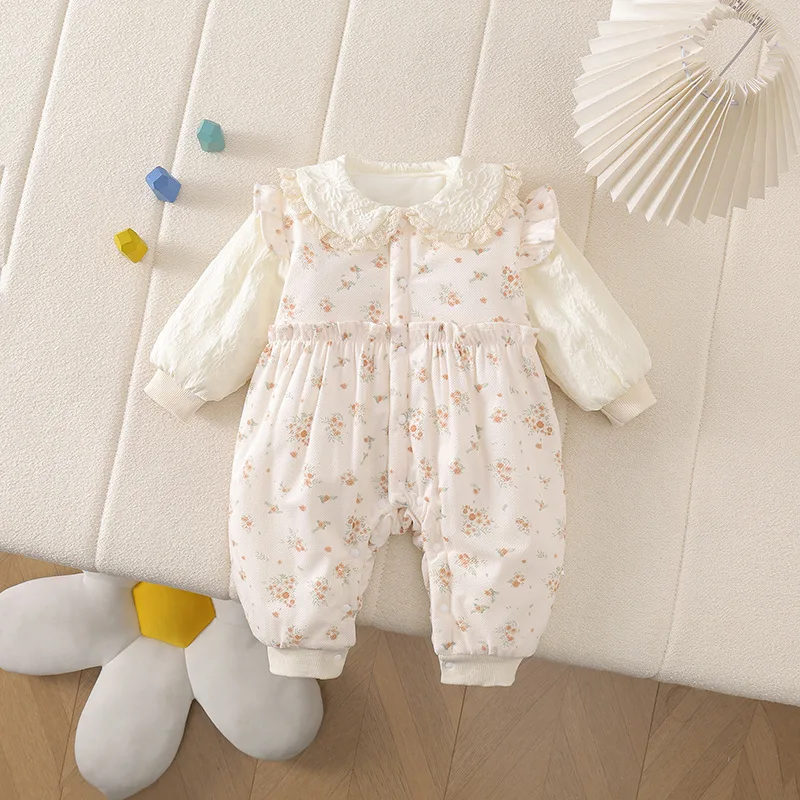 2026 Winter Baby Girl Floral Romper 0-2Y Infant Long Sleeve Lace Ruffle Collar Jumpsuit Warm Toddler Outdoor Wear