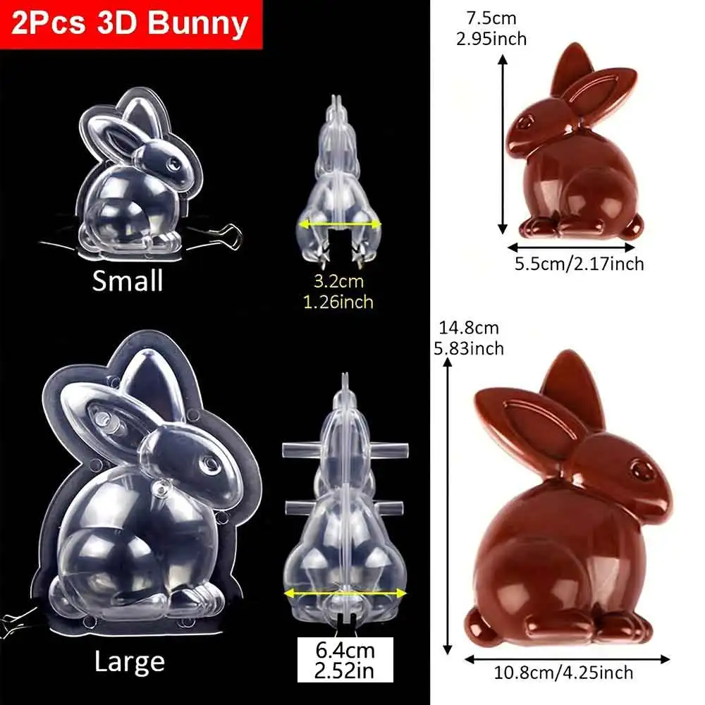 2Pcs/set Easter Rabbit 3D Chocolate Mold  Bunny Shape Polycarbonate Chocolate Bonbons Candy Confectionery Baking Pastry Tools