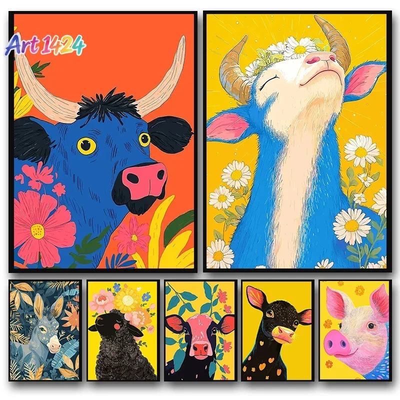 1pc frameless canvas Colorful Animals Pig Deer Cow Sheep and Flowers Abstract Art Poster Canvas Prints Wall Painting