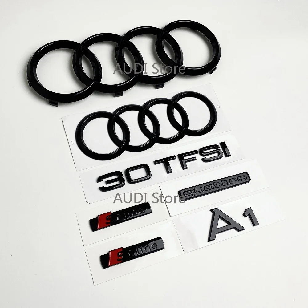 All AUDI A1 4-Ring logo ABS Black Car Hood Front Bonnet Grill Rear Trunk Emblem Badge Sticker A1 mark 30TFSI Quarrto Emblem