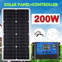 200W Panel słoneczny 60A Kontroler Podwójny port USB Przenośna ładowarka do akumulatorów 12V Telefon komórkowy Samochód Jacht Światła RV Ładowanie na zewnątrz