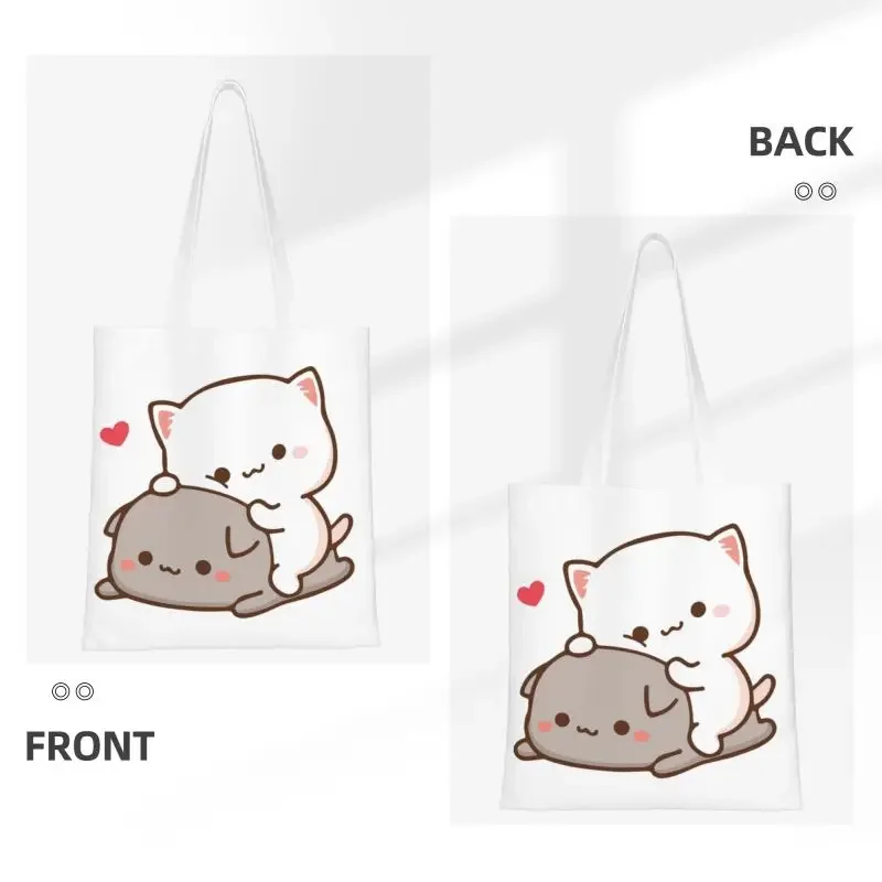 Kawaii Peach Sitting On Goma Shopping Tote Bags Recycling Cute Mochi Cat Canvas Grocery Shoulder Shopper Bag