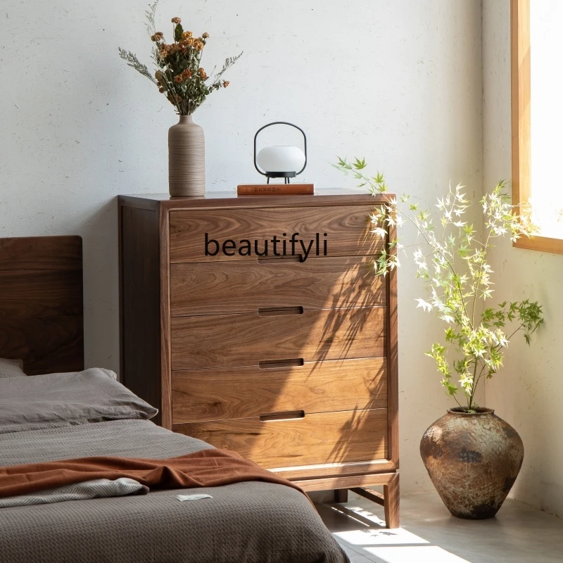 

New Chinese Style Solid Wood Chest of Drawers Black Walnut Locker Living Room Wall Drawer Storage Cabinet