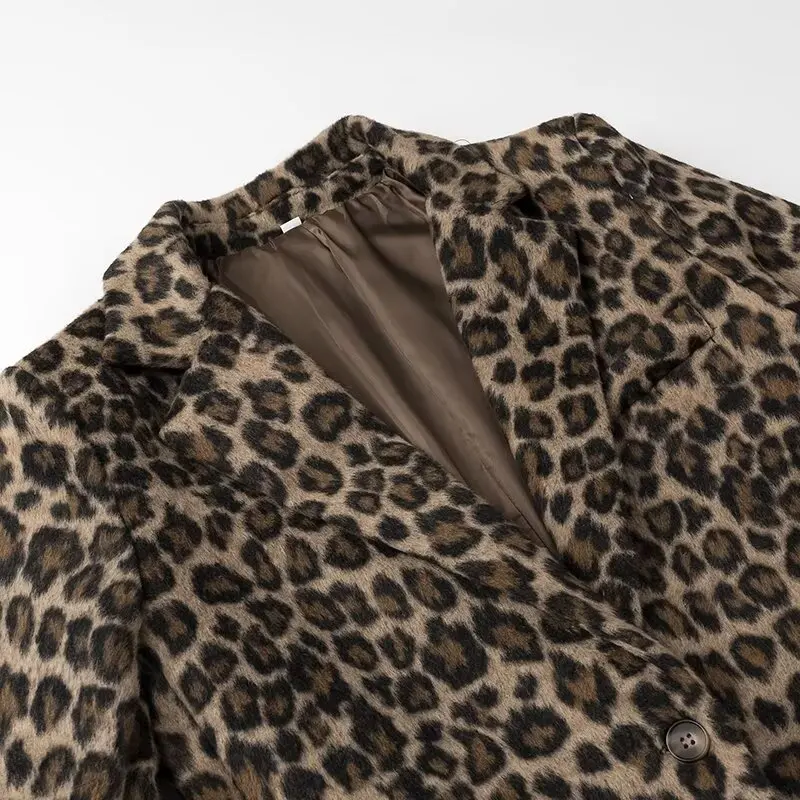 Woollen Woman Vintage Jacket Leopard Single Breasted Pocket Casual Long Sleeve Short Coat 2024 Ladies Autumn High Street Outwear