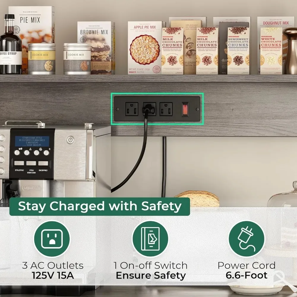 Prateleira de Arrumos Abertos com Cesta Arame, Móveis para Bar, Suporte Café, Bakers Rack, Tomada, Casa Adega, 35,4 Polegadas