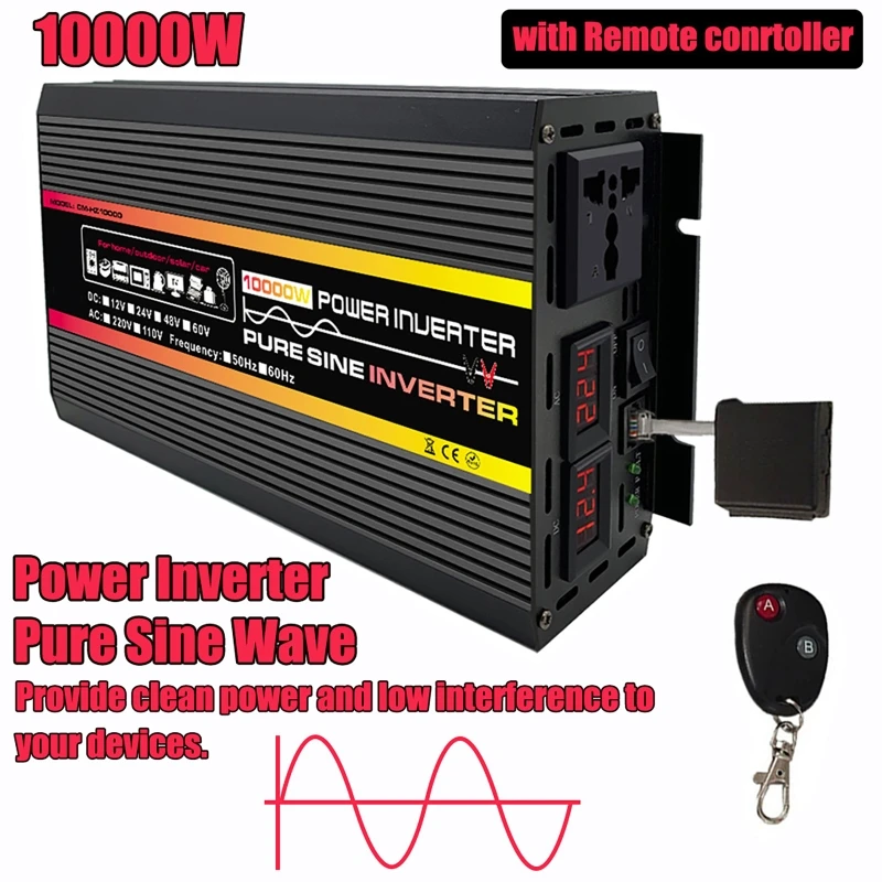 10000/12000W Pure Sine Wave Inverter DC 12V 24V To AC 220V Converter Inverter with/no Remote Controller for Home Outdoor RV Car