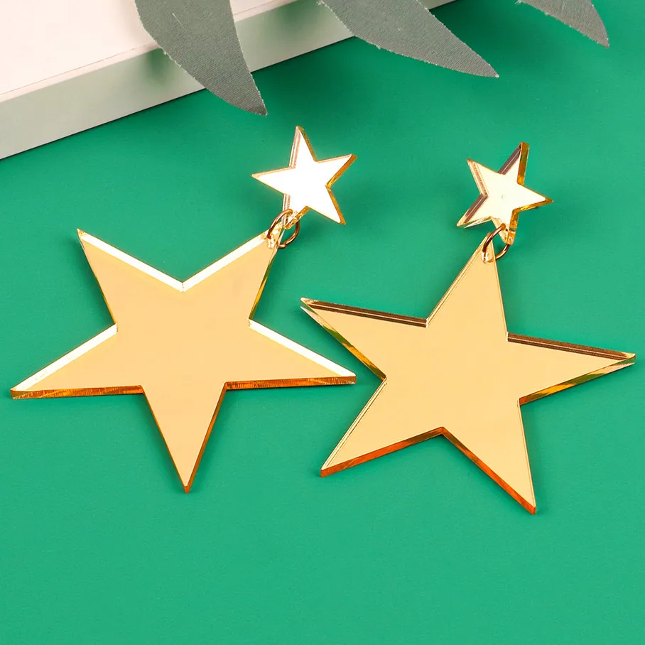 Gold Color Acrylic Shiny Mirror Big Star Drop Earrings HipHop Exaggerated Large Five-Pointed Star Pendant Earring Party Jewelry