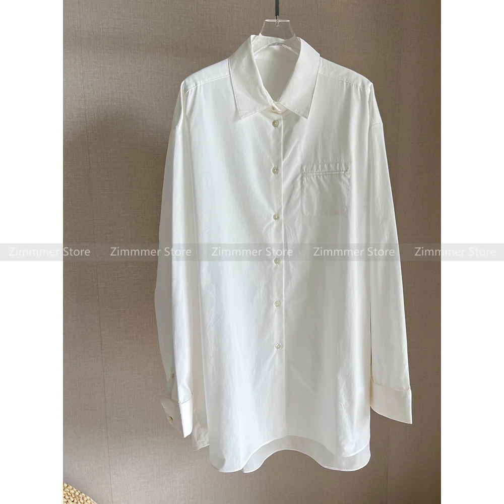 

Minimalist neutral style commuting versatile loose silhouette lapel pocket white shirt long sleeve shirt for women