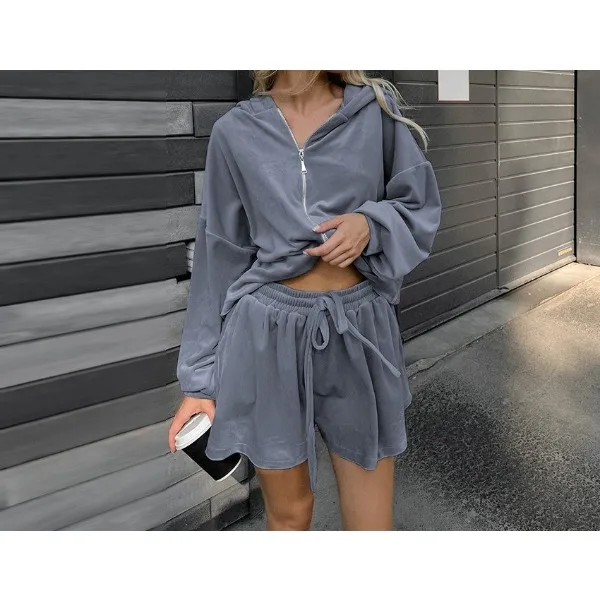 

Two Pieces Shorts Sets Women Long Sleeves Zipper Hooded Coat+High Waist Loose Drawstring Half Pants Suits 2025 Spring and Autumn