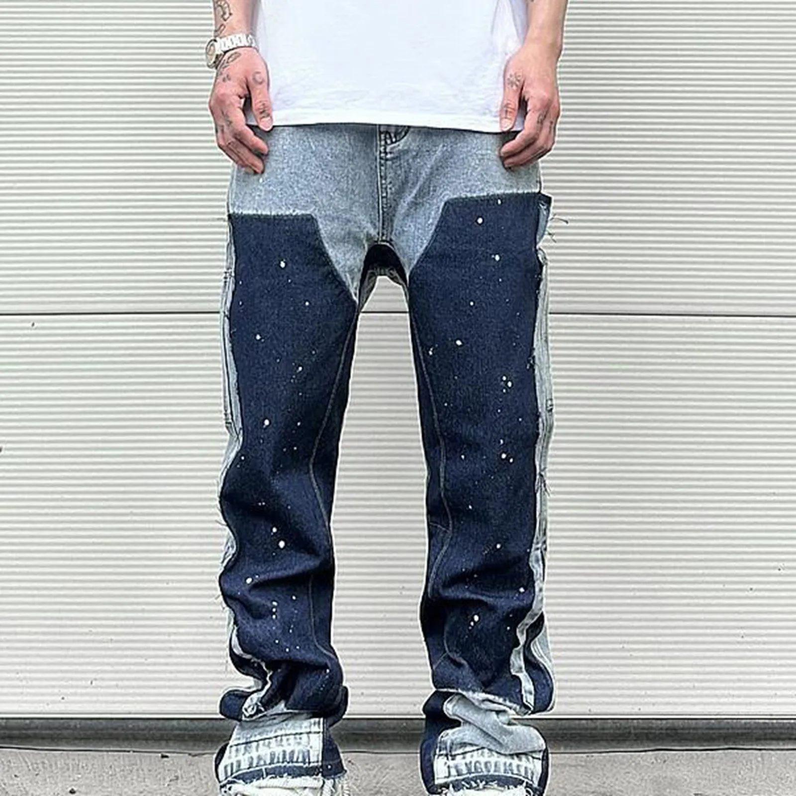 

Spring Summer Cargo Jeans Men Streetwear Denim Jogger Pants High Street Splicing Ink Street Advanced Sense Of Micro Flare Jeans