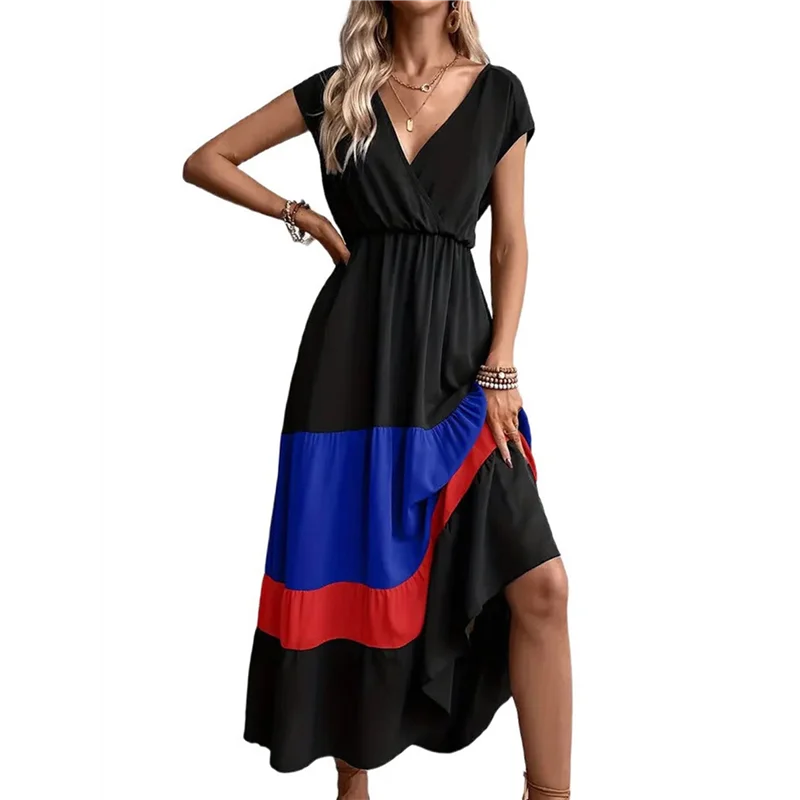 ABP-レディース パーティー カラーブロック ドレス ハイウエスト 半袖 マキシ V ネック ドレス カジュアル シャーリング フリル ヘム ドレス