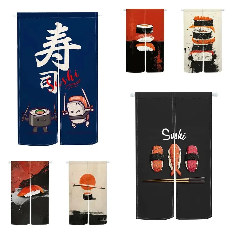 VIKAMA Izakaya Style Noren Curtain Minimalist Sushi and Chopsticks Pattern Fabric Doorway Partition Curtain for Home Entrance